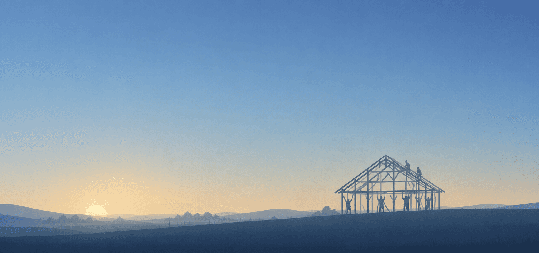 Neighbors raising a timber frame against a misty sunrise
