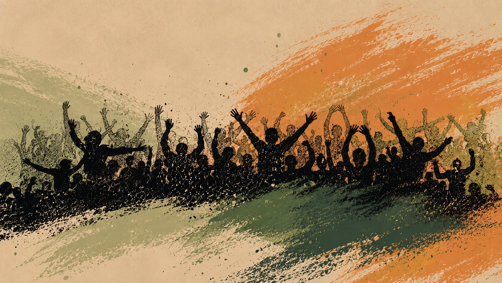 Ink illustration of a crowd with arms raised in celebration across green and orange brushstrokes