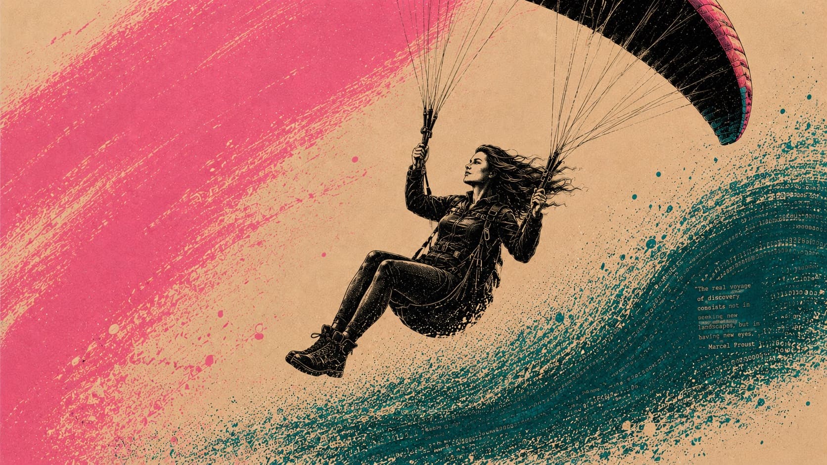 Ink illustration of a woman paragliding over a rising wave of code, with pink brushstrokes across kraft paper