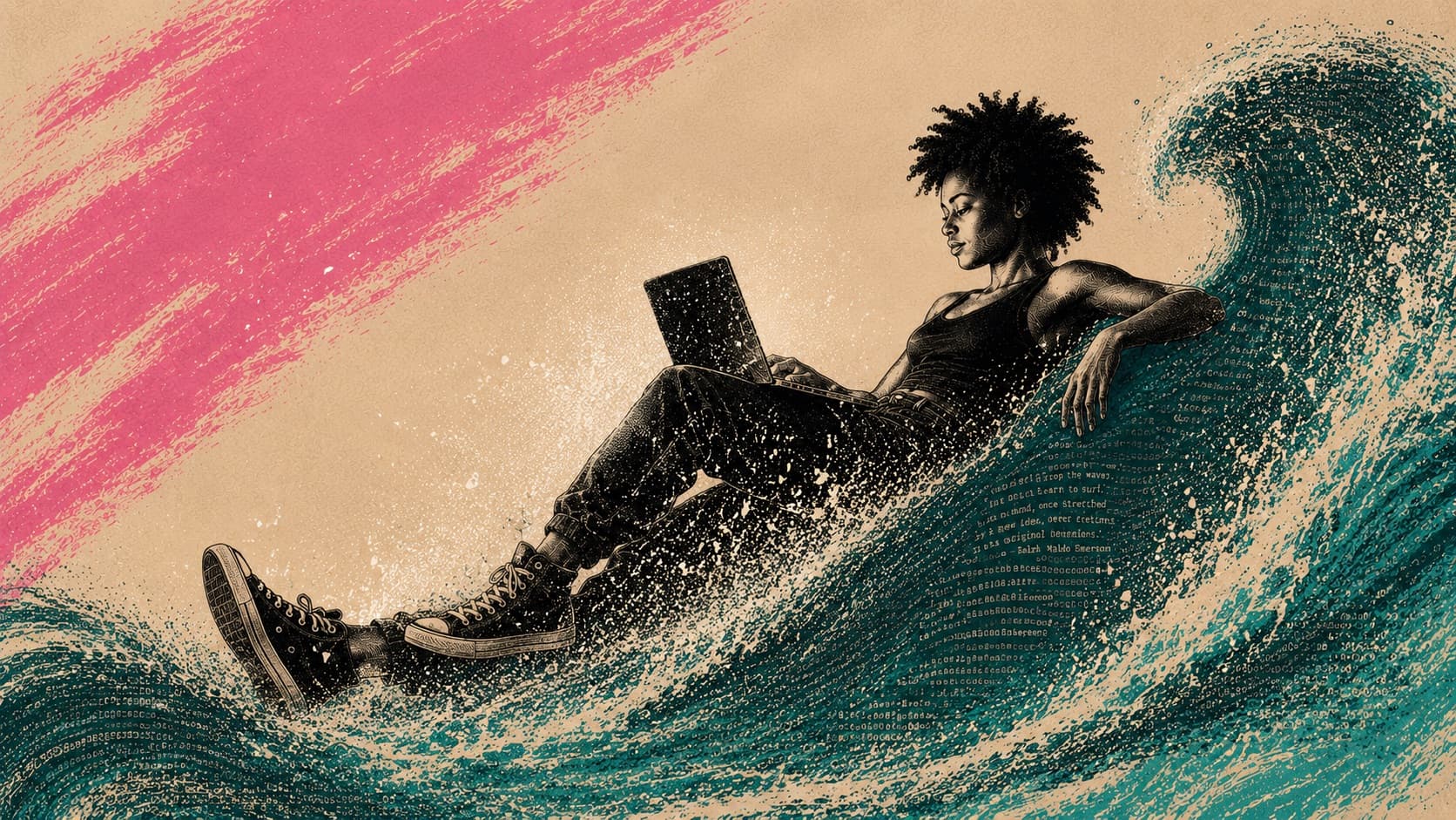Ink illustration of a coder reclining at ease inside a cresting wave of text, laptop open