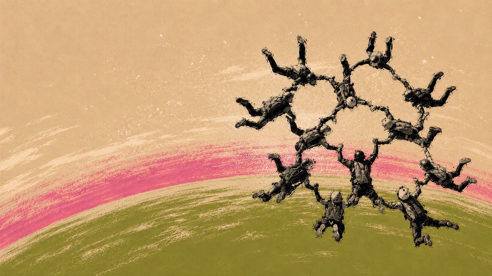Ink illustration of skydivers linked hand-in-hand in formation above pink and green brushstrokes